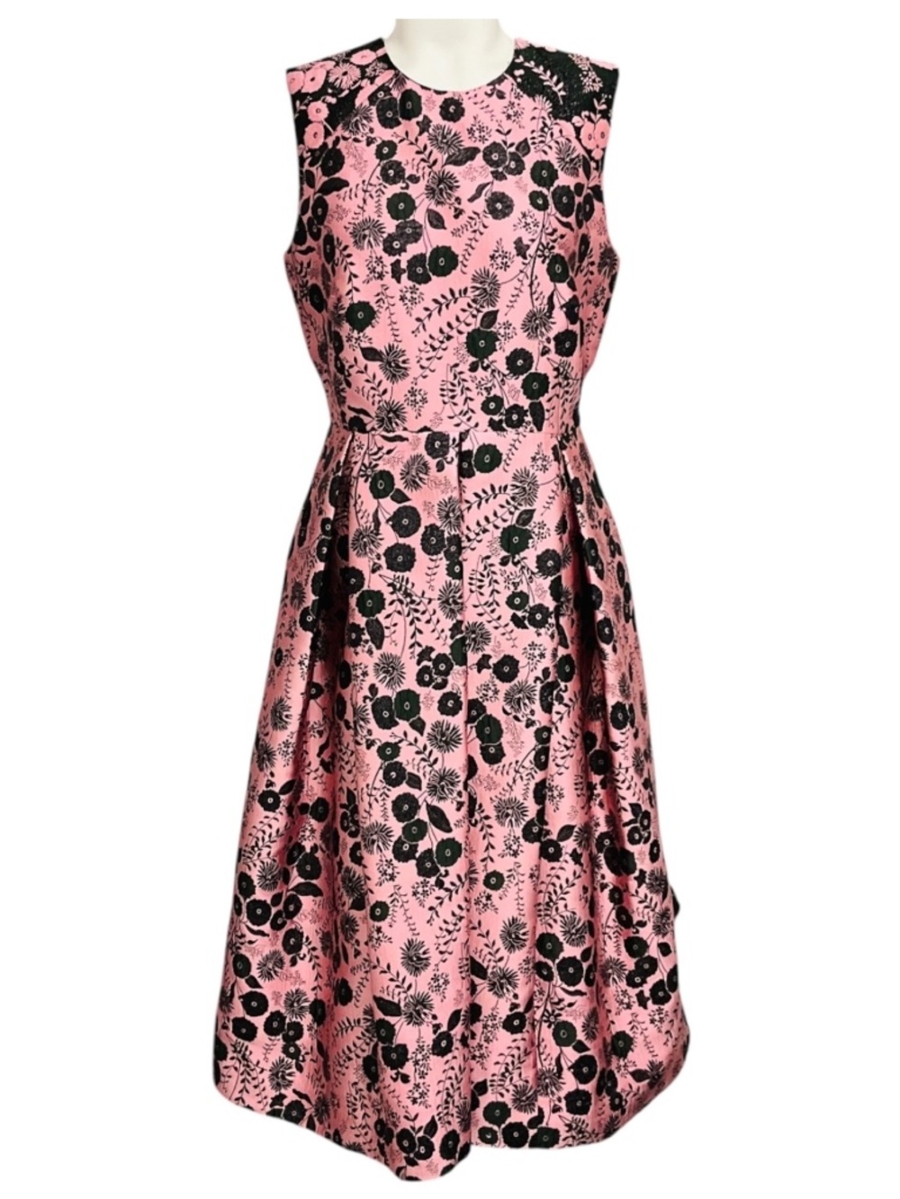 ERDEM PINK / BLACK INDRA PLEATED FLORAL BROCADE MIDI DRESS